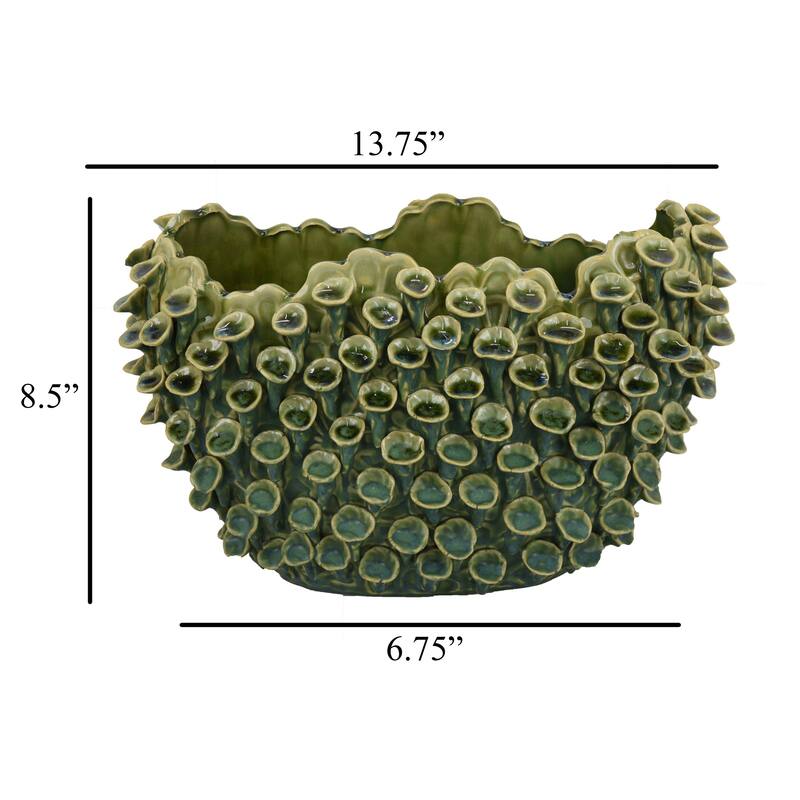 Nina Decorative Bowl, Textured Green Ceramic, Abstract Coral 14 Inch