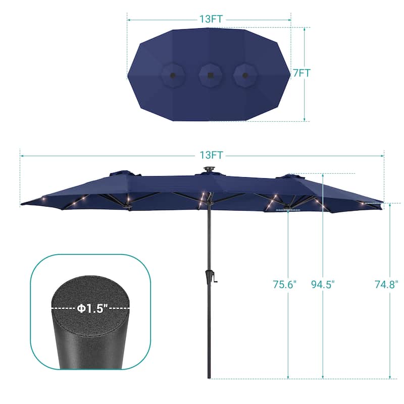 BONOSUKI 13 x 7.2ft Solar-Powered LED Double-Sided Patio Umbrella with Large Canopy Outdoor Table Umbrella for Garden, Navy Blue