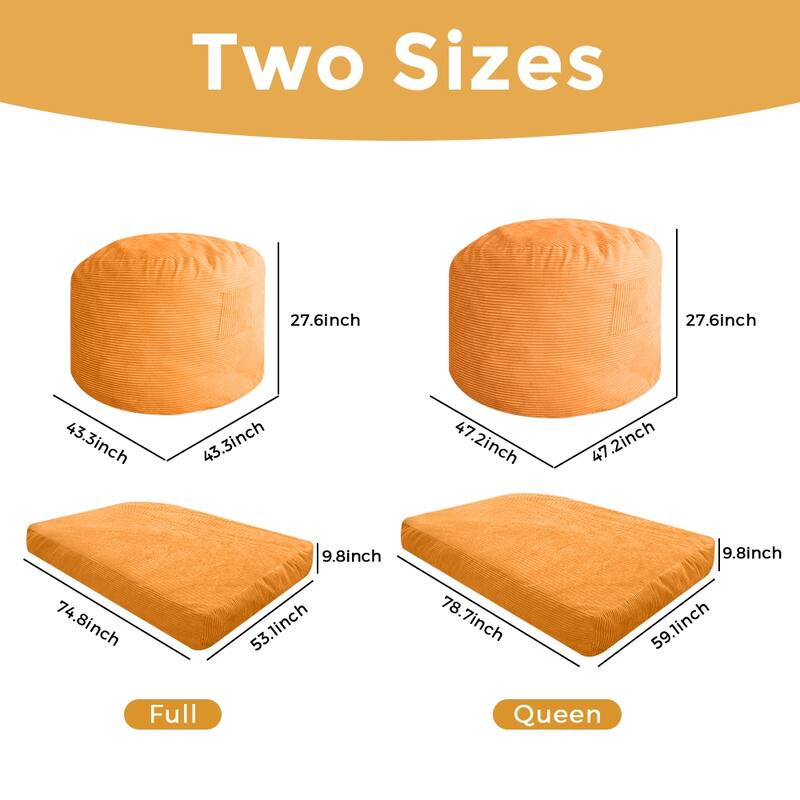 Giant Bean Bag, Corduroy Convertible Beanbag Folds from Lazy Chair to Floor Mattress Bed