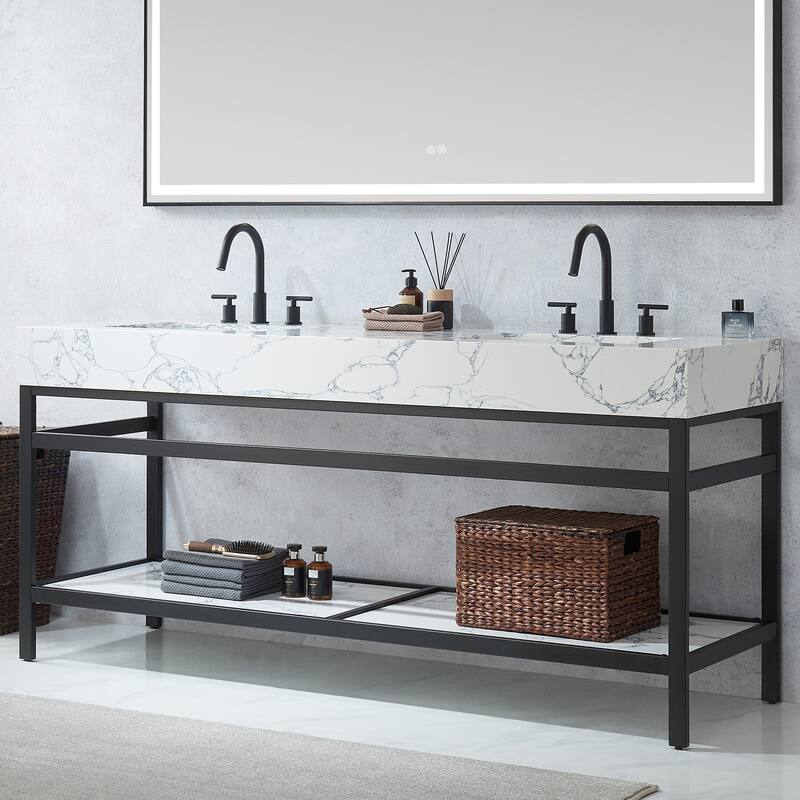 Ecija Bath Vanity, Metal Support with Composite Stone Top and Mirror