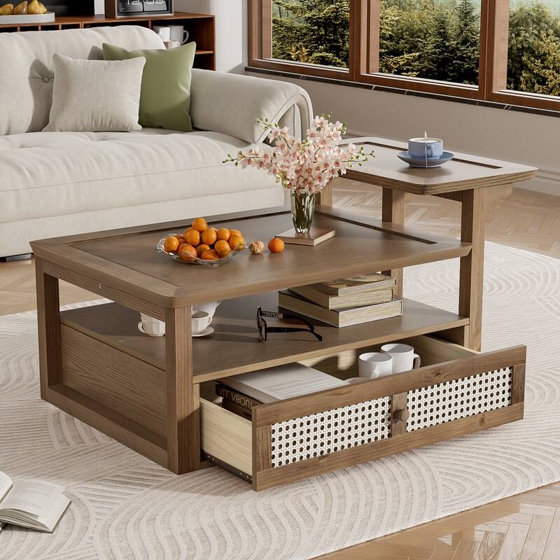 Modern Coffee Table, Coffee Table with 1 Storage Shelf, 2 Tabletops and 1 Rattan Drawer For Living Room - Dark Brown