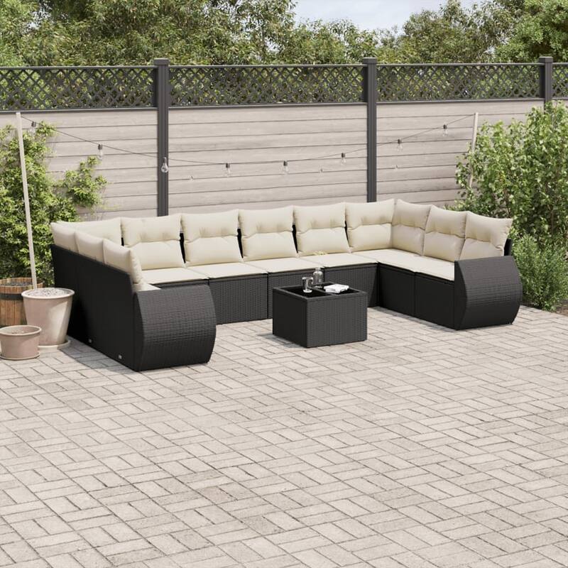 vidaXL Patio Sofa Set with Cushions Outdoor Conversation Furniture Poly Rattan - Black and cream with table - 24.4 x 28.0 x 27.2