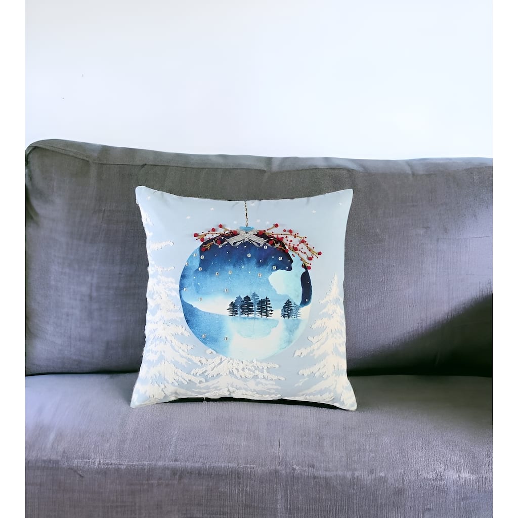 20" Blue Christmas Ornaments Cotton Throw Pillow
