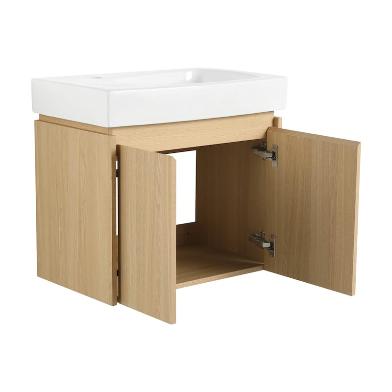 24 Inch Bathroom Vanity with Basin, Wall Mounted Floating Vanity Sink Combo, Wooden Storage Cabinet with Double Doors