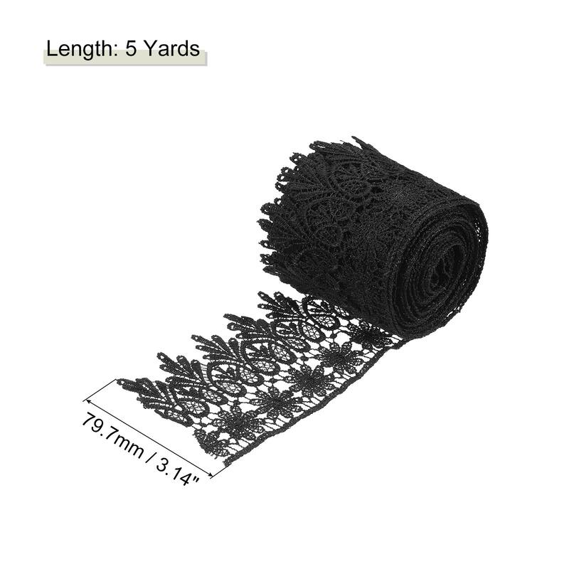 3 Inch Wide Lace Ribbon Floral Pattern Embroidered Lace Trim - Black - 5 Yard