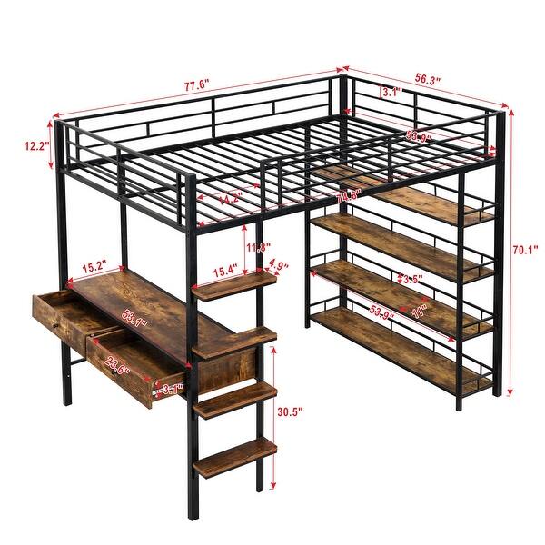 dimension image slide 0 of 2, Black Metal Loft Bed with Underneath Built-in Desk, Multi-layer Shelves, Ladder and Full-length Guardrails for Kids, Teens