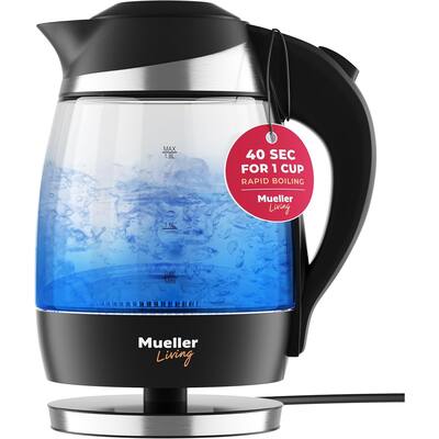 MuellerLiving Electric Kettle, 1500W SpeedBoil with Auto Shut-Off, 1.8L Cordless with LED Light, Borosilicate Glass, BPA Free