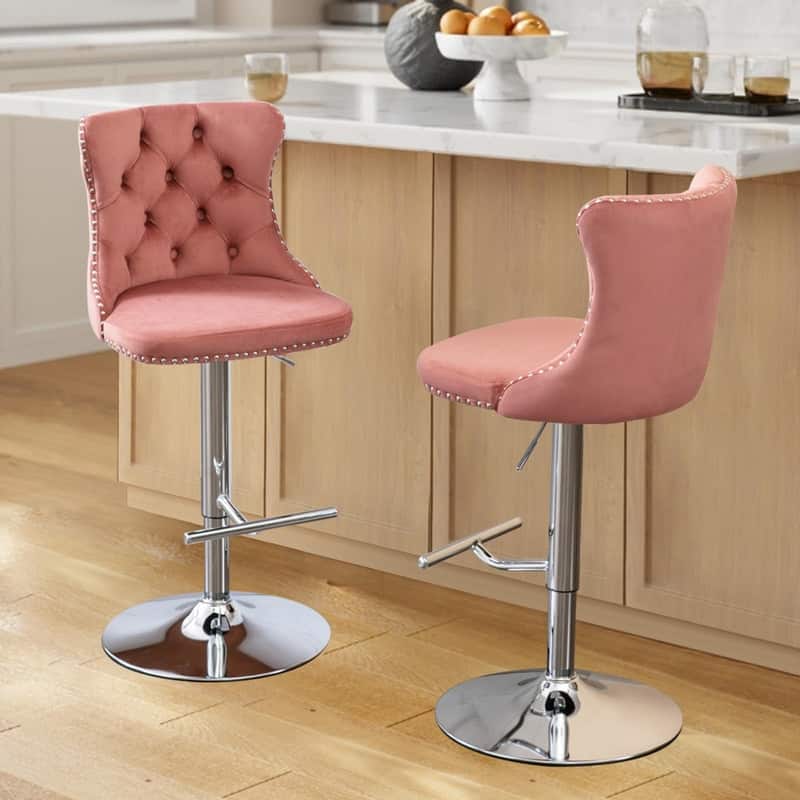 Velvet Upholstered Nailheads Tufted Swivel Bar Stools (Set of 6) - Pink BlackBase Set of 2