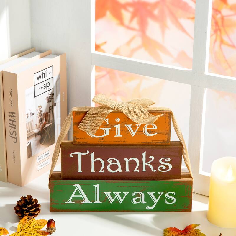 Glitzhome Fall Harvest Thanksgiving Wooden Block Set