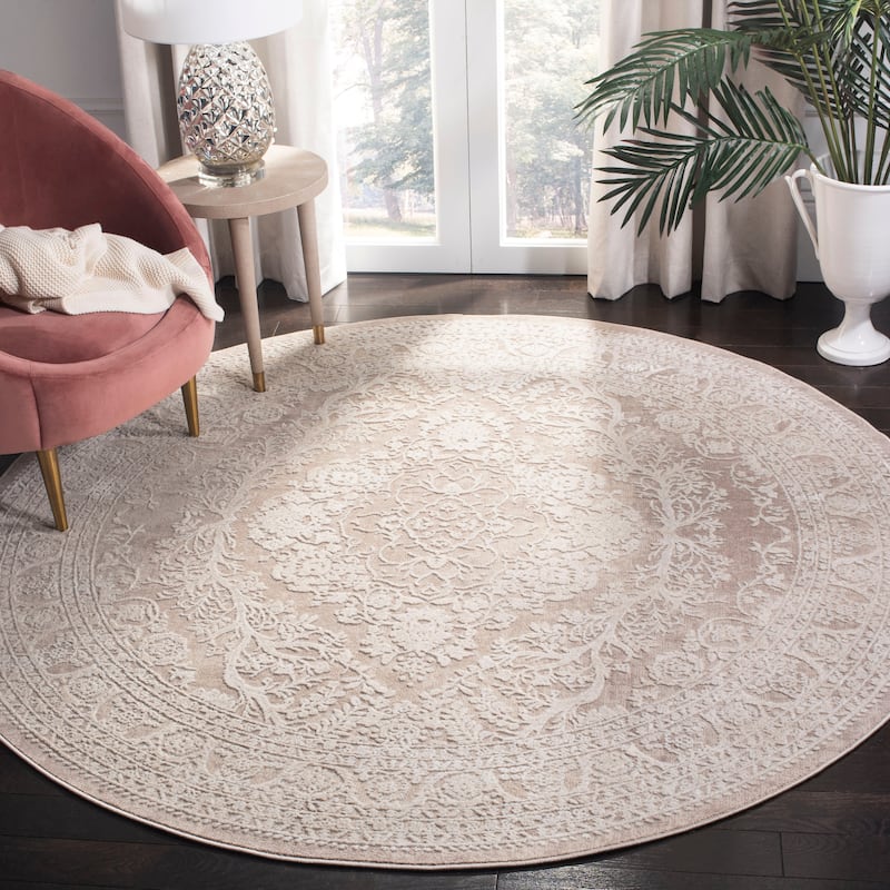 SAFAVIEH Reflection Emaline Modern Oriental Polyester Rug - 5' Round - Beige/Cream