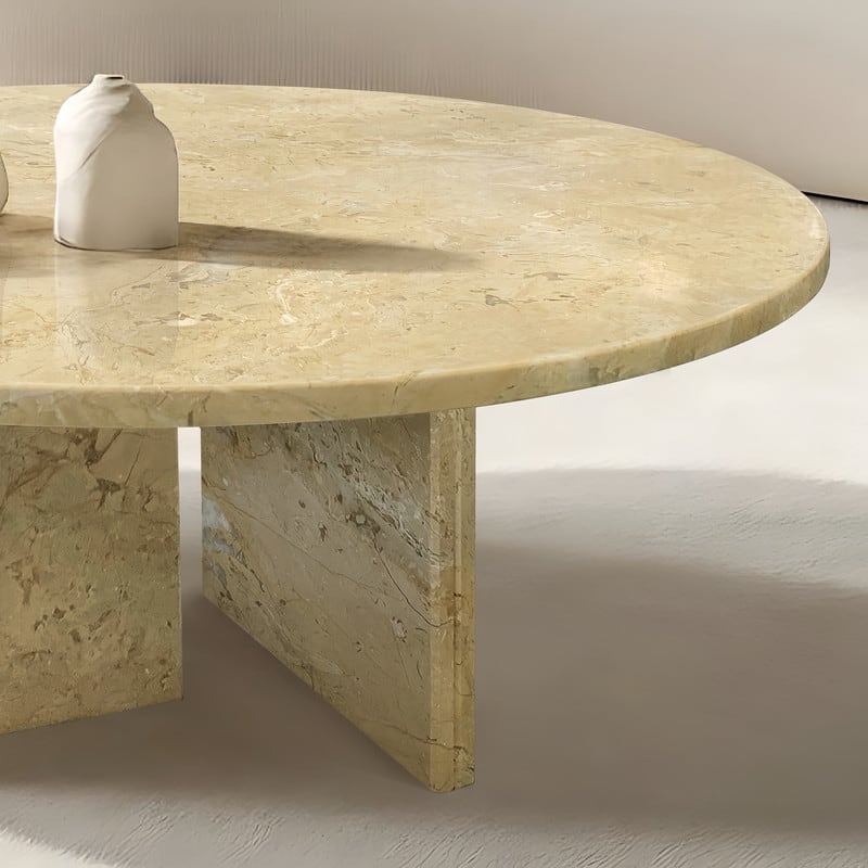 Premium Luxury Solid-Cut Natural Marble Round Coffee Table, Natural, Glossy