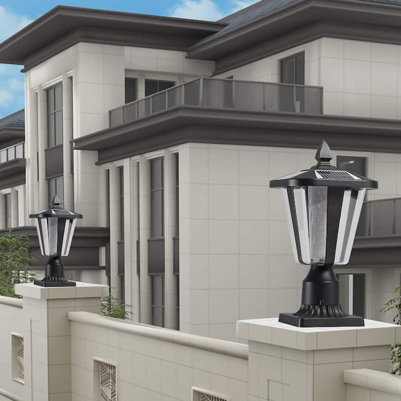 1-Light Black Aluminium Solar Outdoor Post Light Set Column Headlights with Dimmable LED