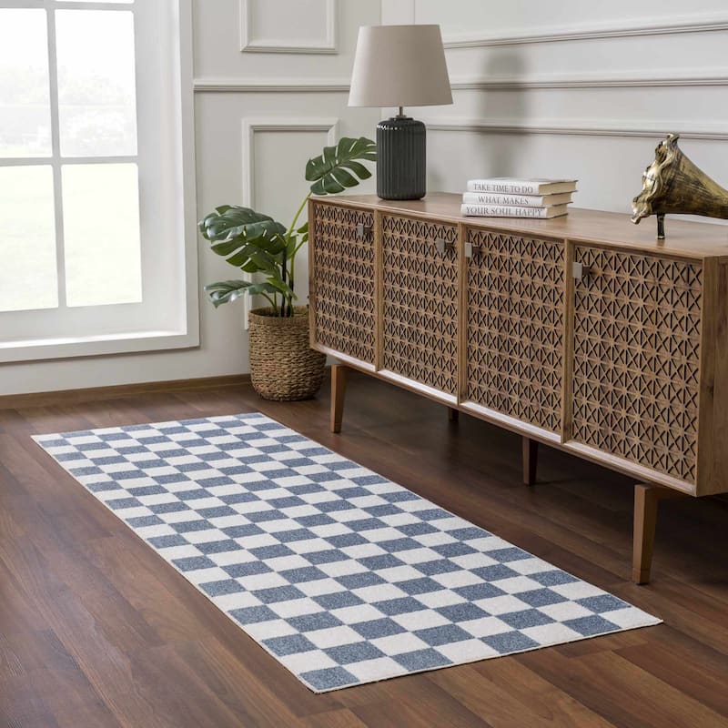 Hauteloom Brone Living Room, Bedroom Machine Washable Area Rug - Farmhouse - Blue, Off White - 2' x 2'11"