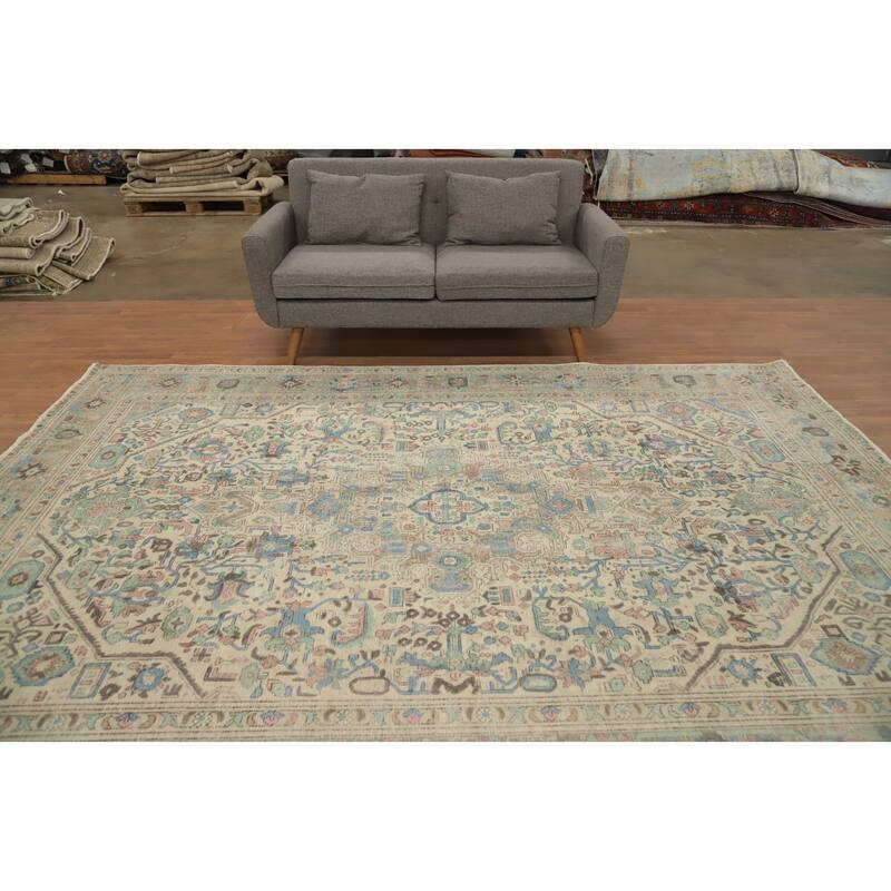 Hand Knotted Oriental 100% Wool Carpet Traditional Floral Beige & Ivories Tabriz Area Rug - 10' 7'' X 7' 9''