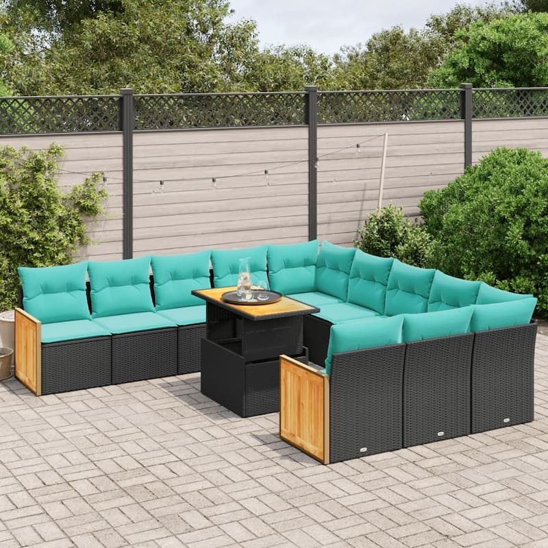 vidaXL 11 Piece Patio Sofa Set with Cushions Black/Gray Poly Rattan - 21.7 x 24.4 x 27.2 - Black