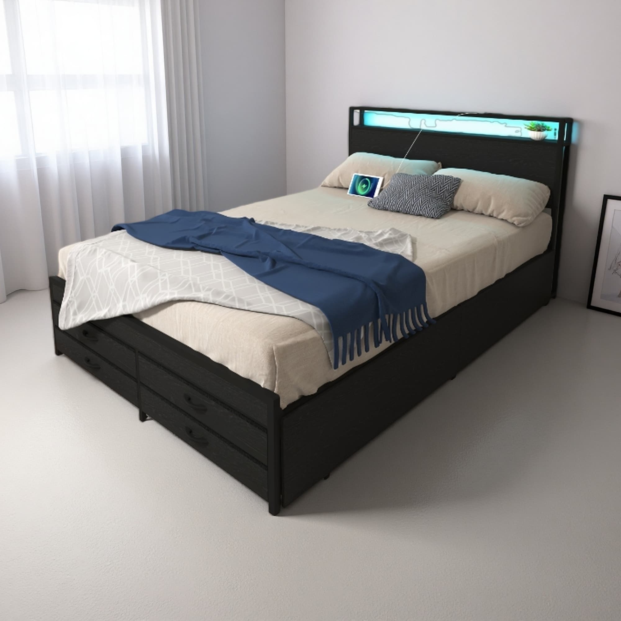 Full Size Bed Frame with 8 Storage Drawers, LED Headboard with Charging Station, Metal Platform Frame, Noise-Free & Stable