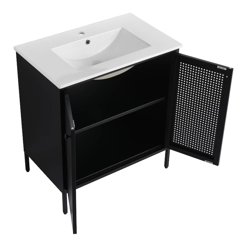 Bathroom Vanity with Ceramic Sink, Freestanding Bathroom Storage Cabinet, Bathroom Vanities with 2 Doors & Adjustable Shelves