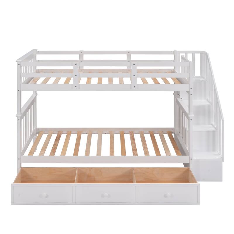 Wooden Stairway Bunk Beds with 3 Under Bed Drawers and Guard Rail