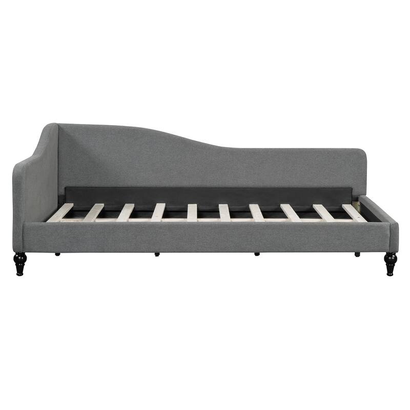 L-Shaped Curved Backrest Daybed, Linen Panel Bed Frame, Wood Platform Bed, Solid Wood Legs