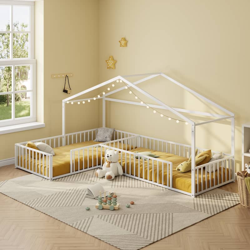 Twin Size L-shaped Corner Montessori Bed with Fence, Metal House-shaped Bed Frame, Without Slats, Floor House Bed for 2 Kids