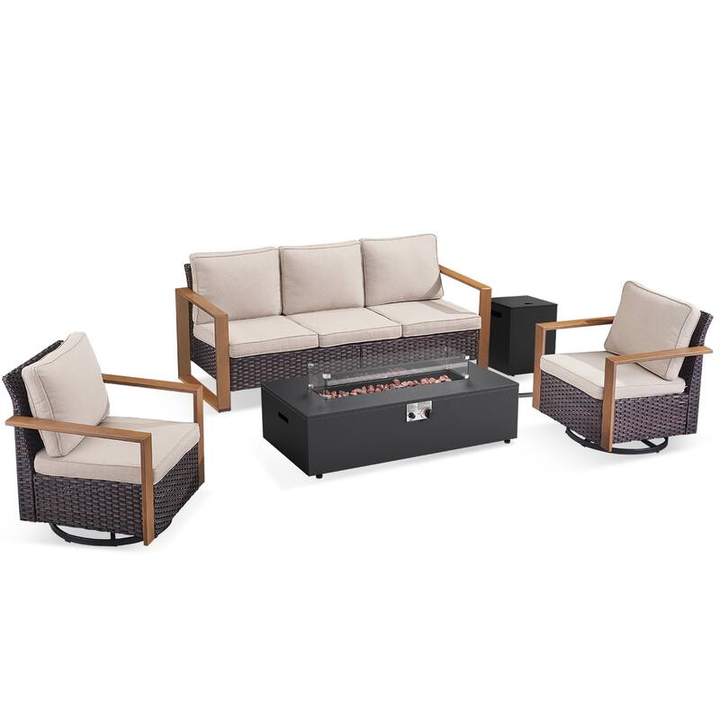 Pocassy Outdoor Sofa Swivel Chair Ottoman w/ 43" Fire Pit Set