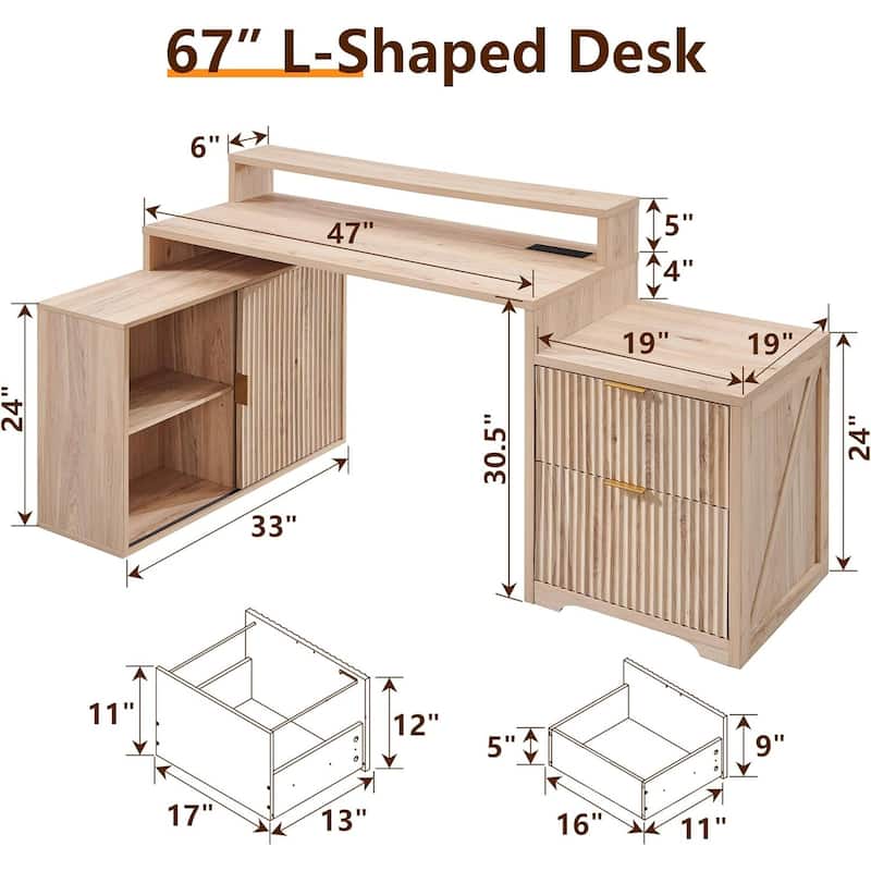 67" Modern L Shaped Desk, Wood Home Office Desk with Charging Station