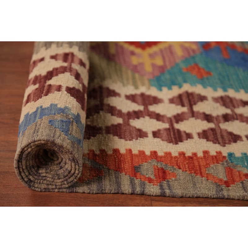 Colorful Geometric Kilim Oriental Area Rug Hand-Woven Wool Carpet - 8'7"x 9'6"