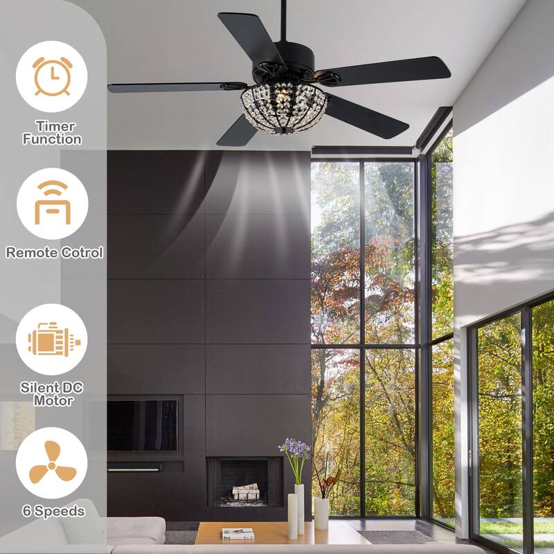 Cusp Barn 52 Inch Modern Crystal Black Ceiling Fan with Light, Noiseless DC Motor 6 Speeds Caged Ceiling Fan for Living Room