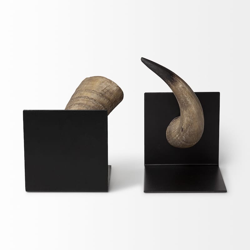 HomeRoots Set of Two 6" Brown and Black Ceramic Horn Decorative Bookends - 5.5118" H x 6.4961" W x 5.5" D