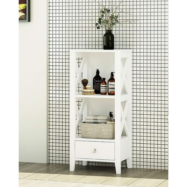 Spirich 3-Shelf X Frame Freestanding Bathroom Storage with Single Drawers, Free Standing Bathroom Floor Cabinet Shelves. Opens flyout.