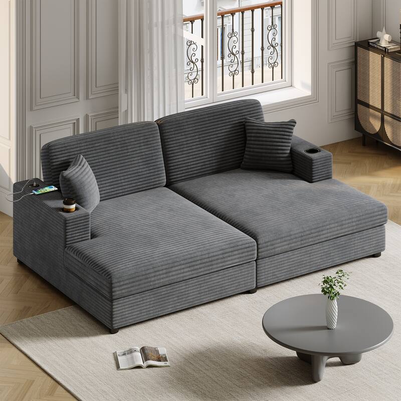 86.5" Oversized Loveseat Chaise Lounge Sectional Sofa Bed with USB Ports, Cup Holders, Corduroy Upholstery, Dark Gray - Multi-Color
