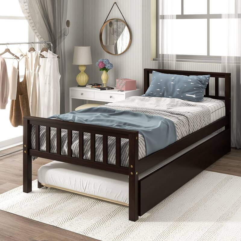 Twin Platform Bed Frame with Trundle, Headboard, and Footboard, No Box Spring Needed, Espresso
