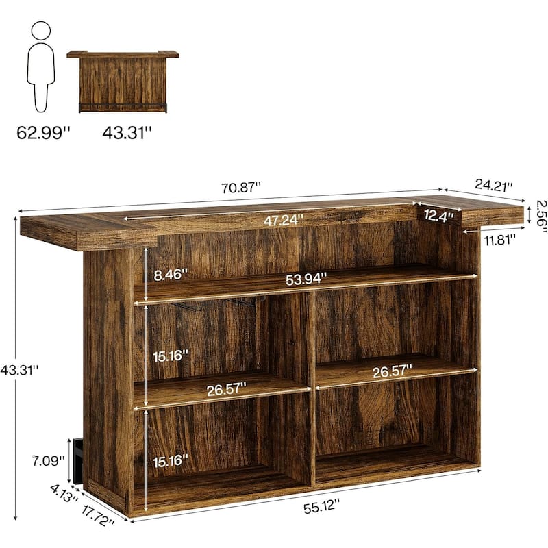 4-Tier Wooden Bar Table, 70.9" Large Home Bar Unit with Storage Shelves for Home, Patio, Basement