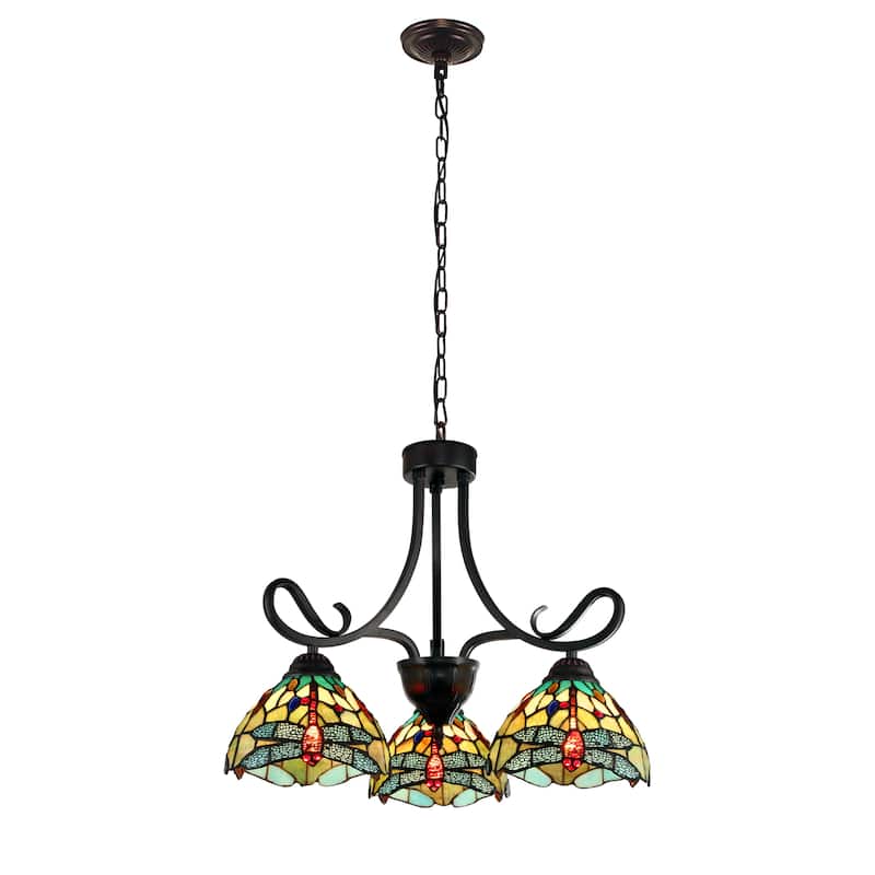Tiffany-Style Dragonfly Design 3-light Dark Bronze Chandelier - Bronze/ Green