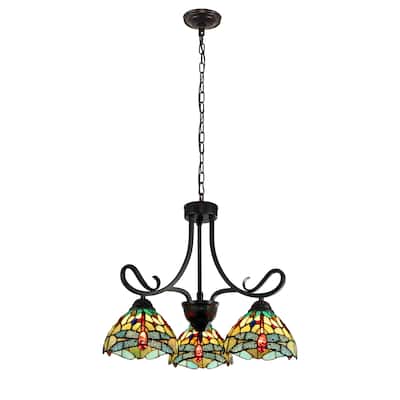 Tiffany-Style Dragonfly Design 3-light Dark Bronze Chandelier