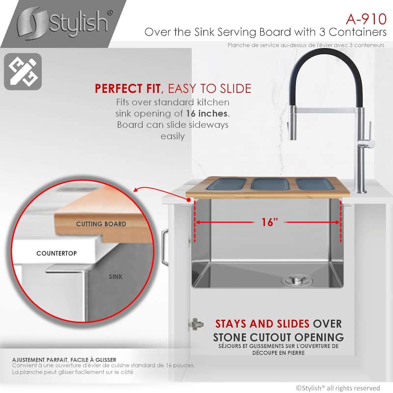 STYLISH 17 inch Workstation Sink Divided Serving Board with 3 Collapsible Containers - 18" x 8.5"