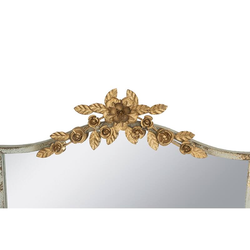 Decorative Arched Wall Mirror - Distressed Ivory Frame, Gold Floral Crown