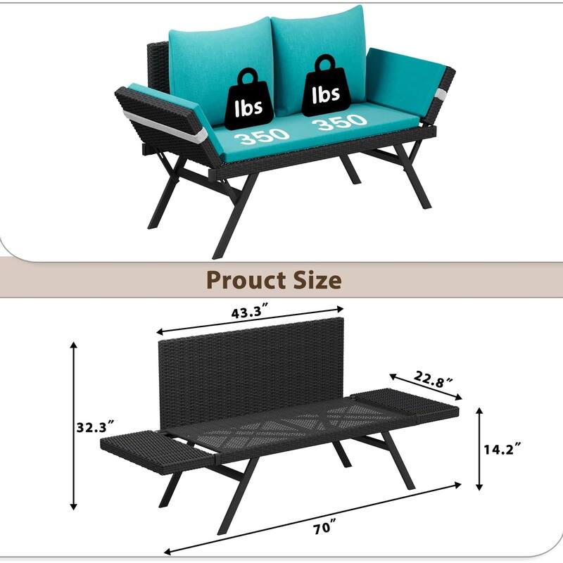BOSSIN All-Weather Rattan Convertible Daybed - Outdoor Sofa w/ Adjustable Arms & Waterproof Cushions - Patio, Poolside, Porch