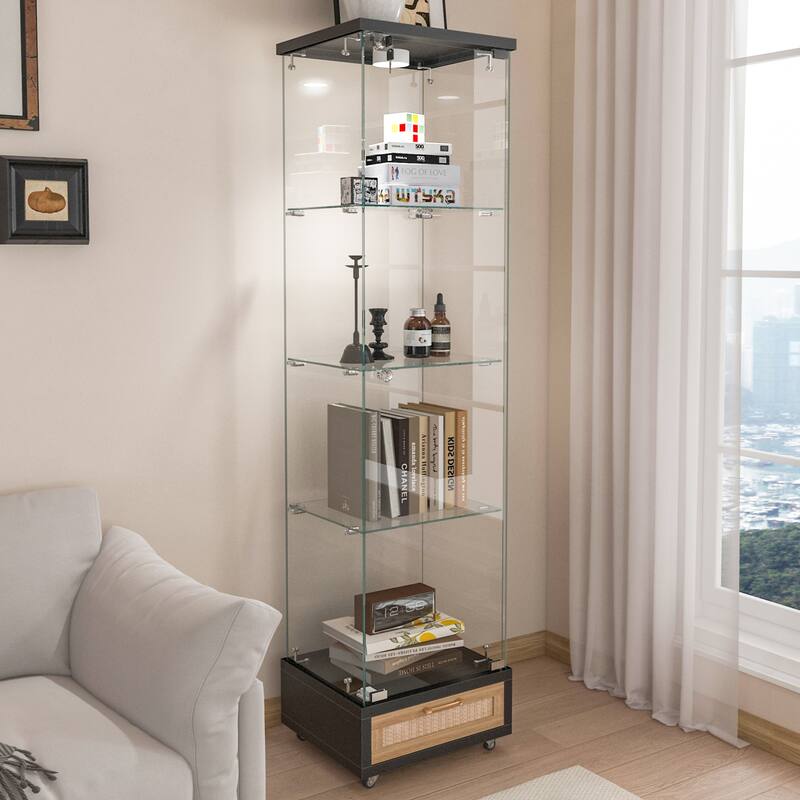 Glass Display Cabinet With Drawer,Cabinet With Led Lights,Tempered Glass Bookshelf, 1-Door Storage Case With 4 Shelves