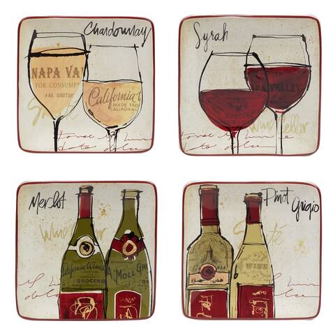 Certified International Wine Country 6" Canape/Luncheon Plates, Set of 4 Assorted Designs - 6" x 6" x 0.75"