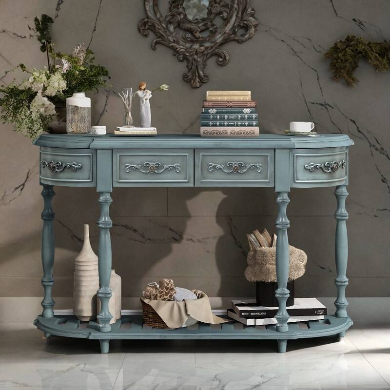 52'' Modern Curved Console Table with 4Drawers and 1Shelf, Antique Blue Bed Bath & Beyond