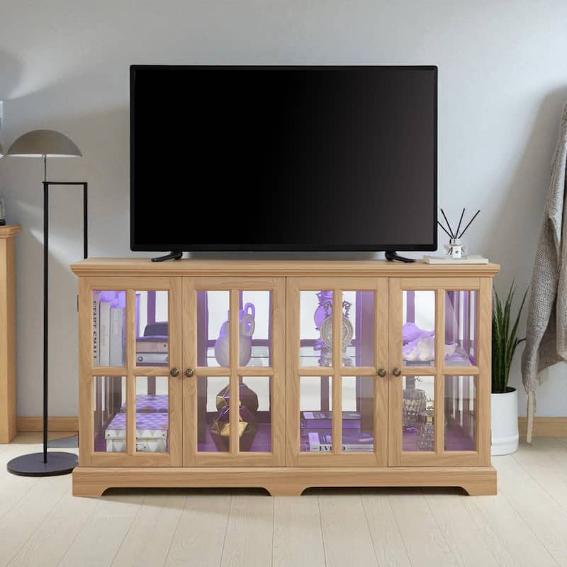 LED Antique Curio Display Cabinet with Glass Doors, Adjustable Shelves and Vintage 4-Door Design