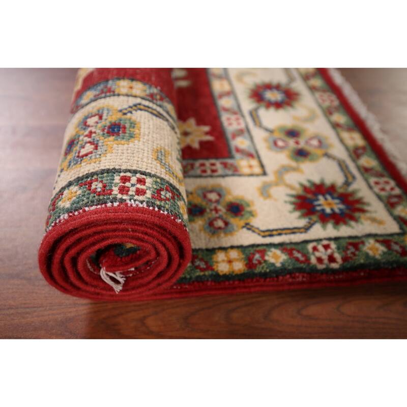Red Geometric Kazak Foyer Rug Handmade Wool Carpet - 2'10" x 4'1"