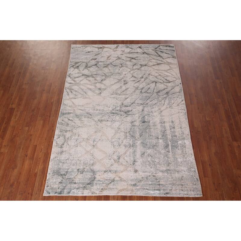 All-Over Abstract Indian Area Rug Handmade Beige Wool Carpet - 5'6"x 7'11"