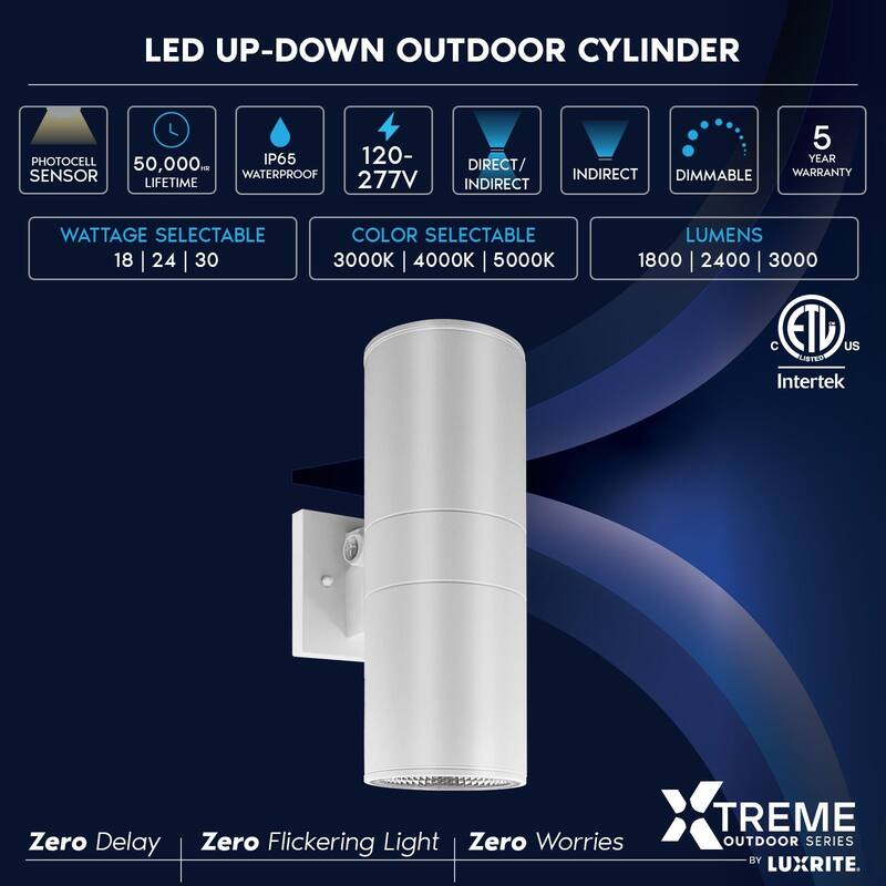 Luxrite Dusk to Dawn LED Outdoor Wall Light 12" 3CCT Wall Sconce 18/24/30W Dimmable IP65 ETL 2-Pack