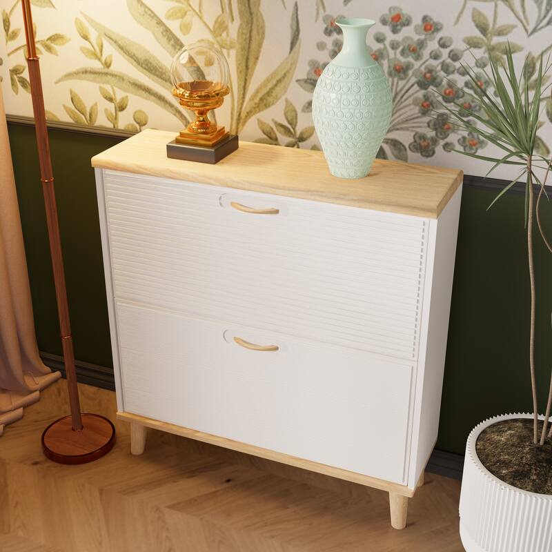 Shoe Cabinet with 2 Flip Drawers, Wooden Narrow Shoe Rack Cabinet, Freestanding Hidden Shoe Organizer for Entryway
