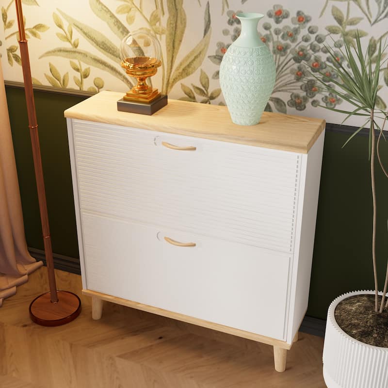 Shoes Storage Cabinet,Narrow Shoe Rack Cabinet,Shoe Cabinet,2 Flip Drawers,with Natural Wood Legs,for 8-16 Pairs