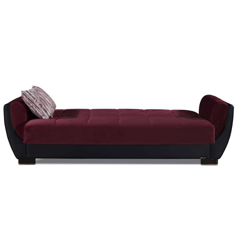 HomeRoots 93" Burgundy Microfiber And Faux Leather Convertible Futon Sleeper Sofa And Toss Pillows With Storage