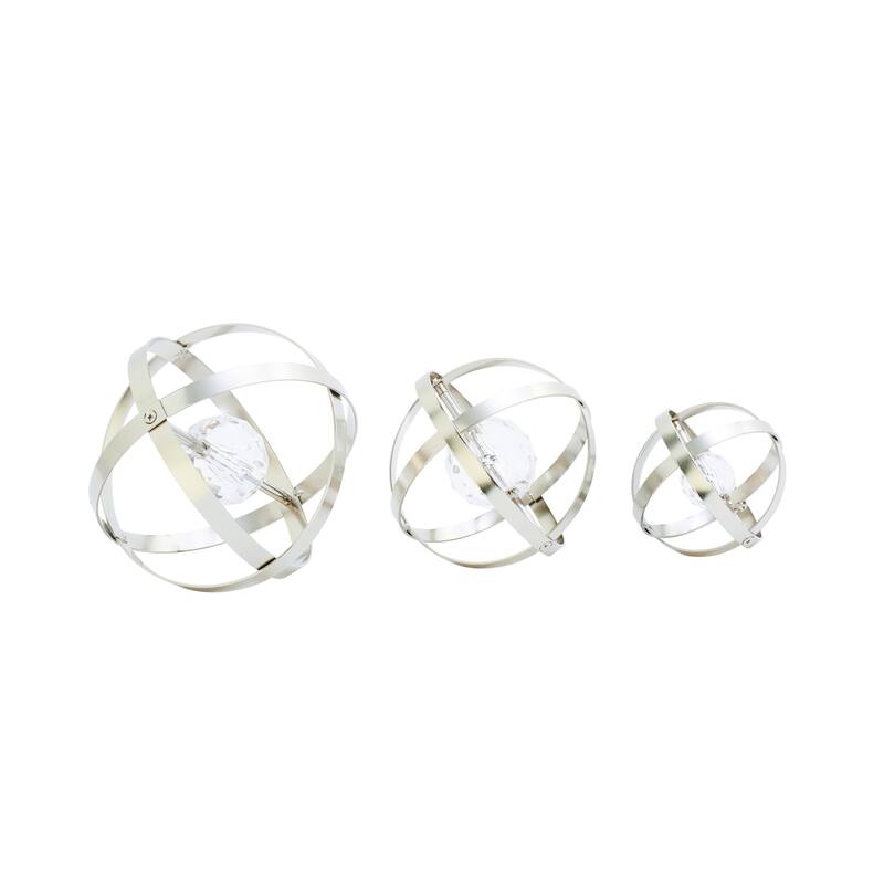 Gold or Silver Metal Orb Geometric Decorative Sculpture with Acrylic Center (Set of 3)