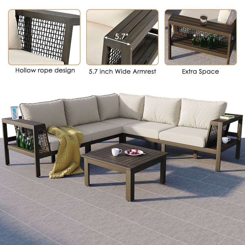 4-Piece Acacia Wood L-Shaped Patio Sofa Set with Side Table For 5
